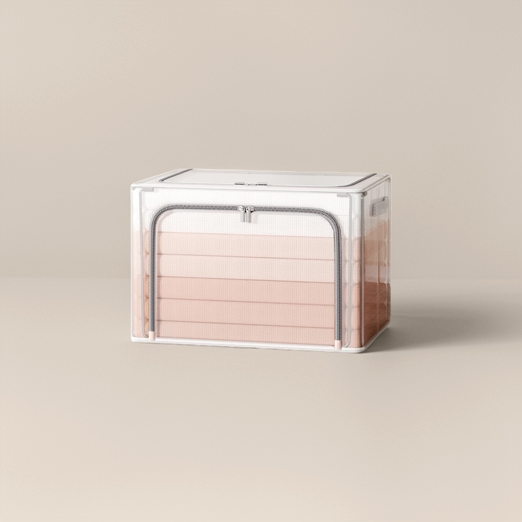 A transparent storage box contains a pink fabric sorting box for home bedroom wardrobe storage