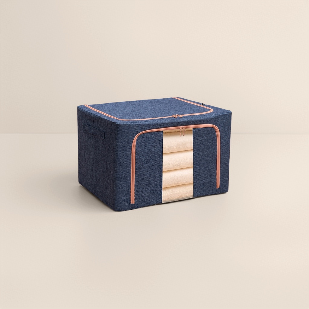 Navy blue cotton and linen storage box, large-capacity household organization and storage box