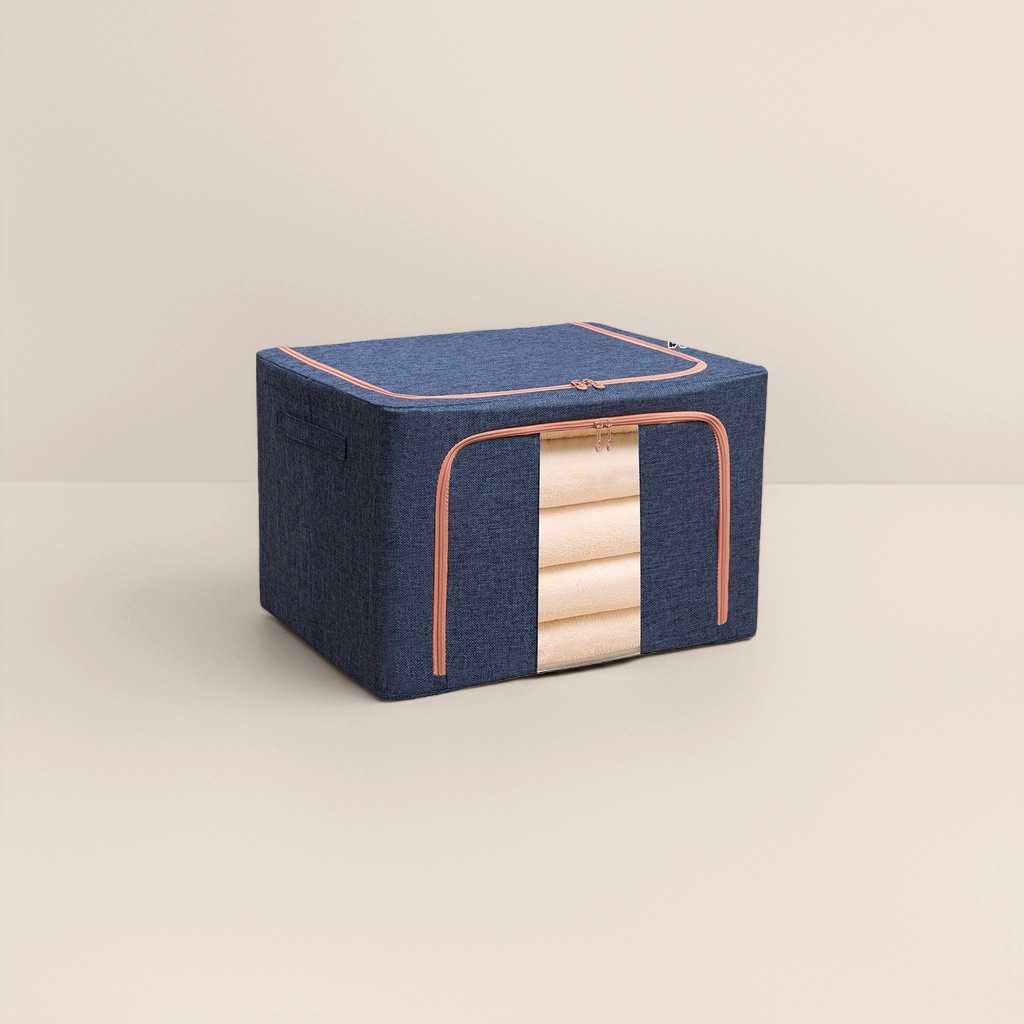 Navy blue cotton and linen storage box, large-capacity household organization and storage box details Picture