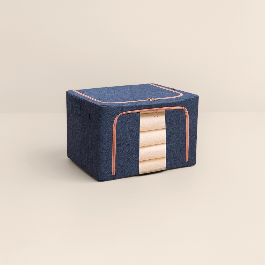 Navy blue cotton and linen storage box, large-capacity household organization and storage box Specification image