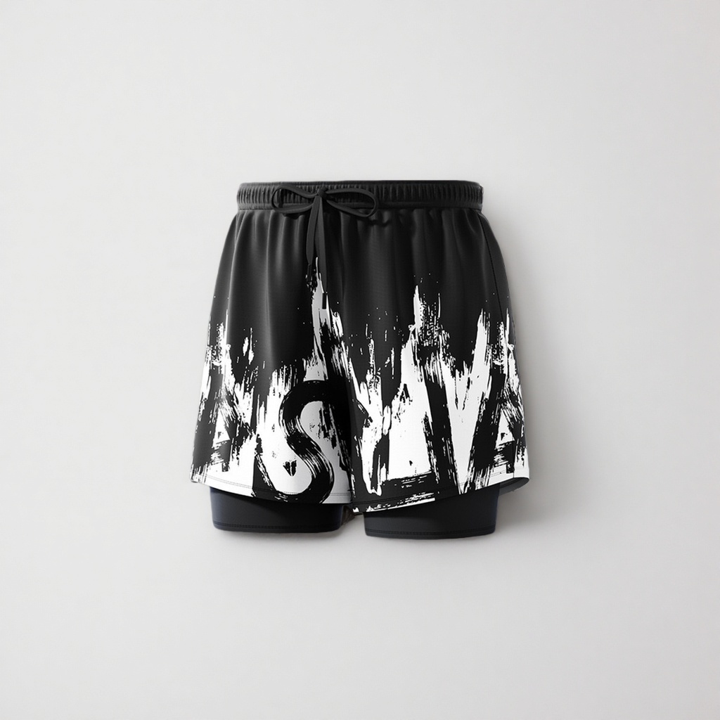 Black and white ink-wash pattern sports shorts, quick-drying and breathable, men's and women's summer casual fitness shorts details Picture