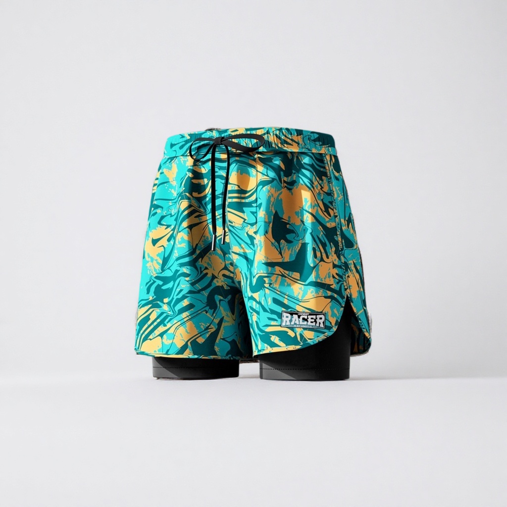 Blue, green and yellow abstract pattern sports shorts for both men and women, quick-drying and breathable casual shorts Specification image