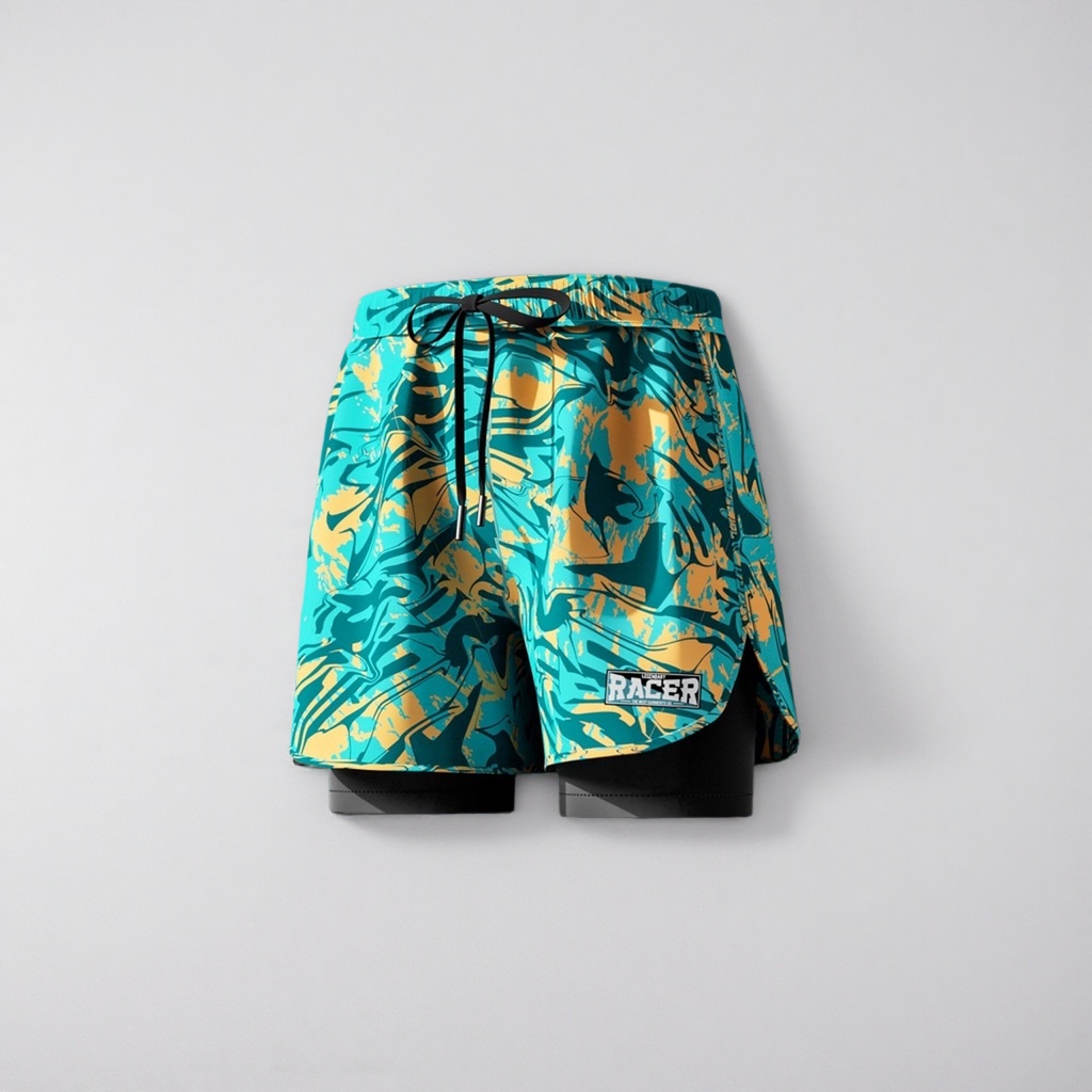 Blue, green and yellow abstract pattern sports shorts for both men and women, quick-drying and breathable casual shorts details Picture