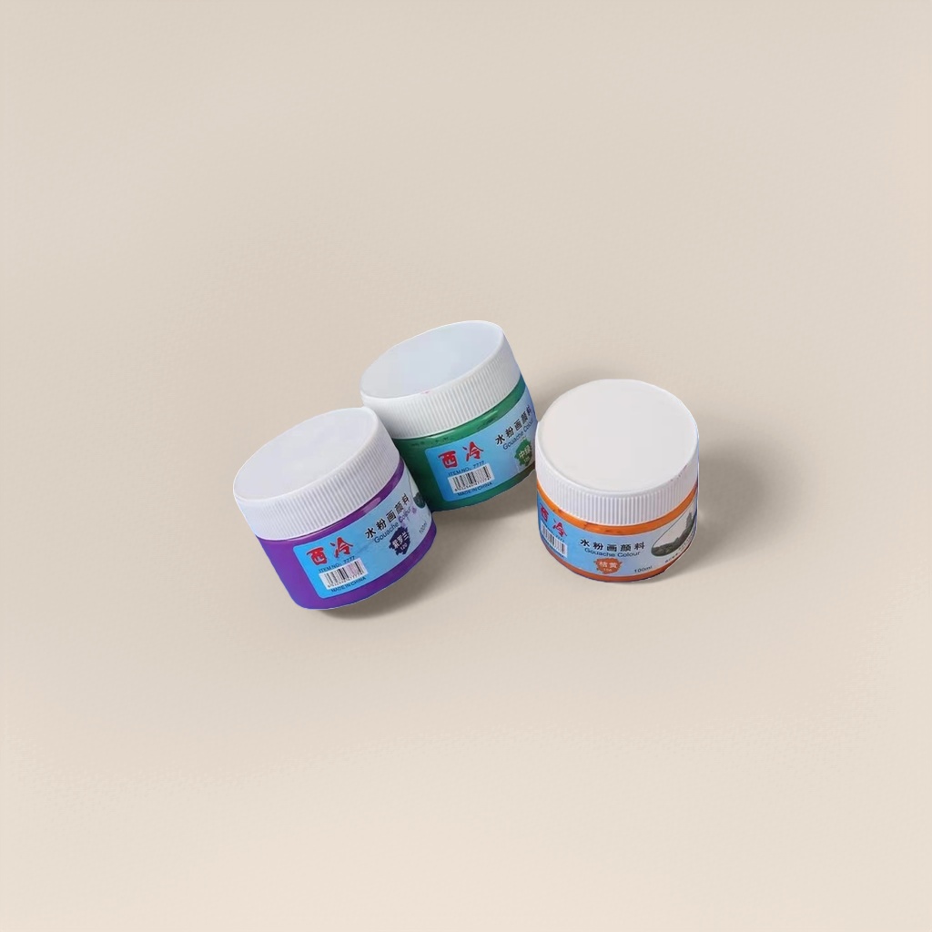 Tres botellas de gouache pigmento morado verde naranja tanque con tapa blanca Specification image