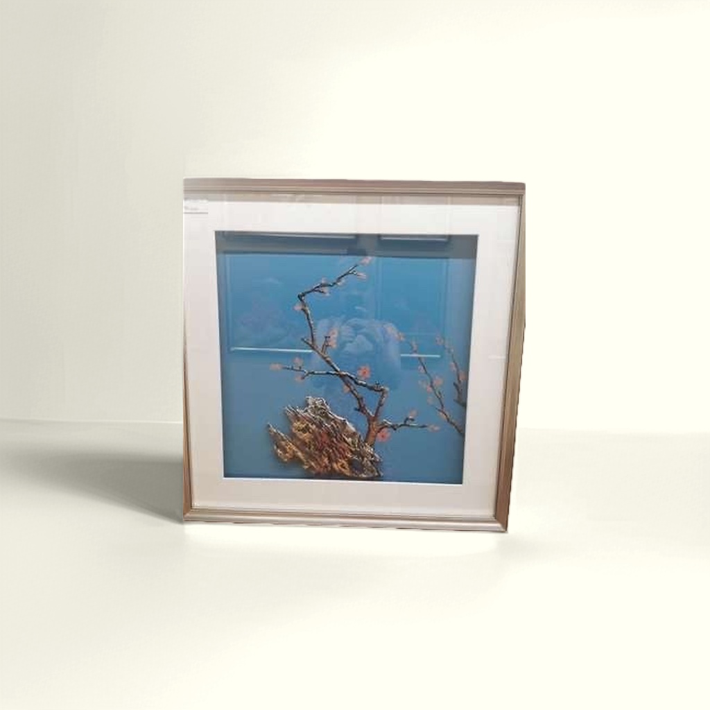 蓝色背景刺绣梅花枝干与山石装饰画产品图