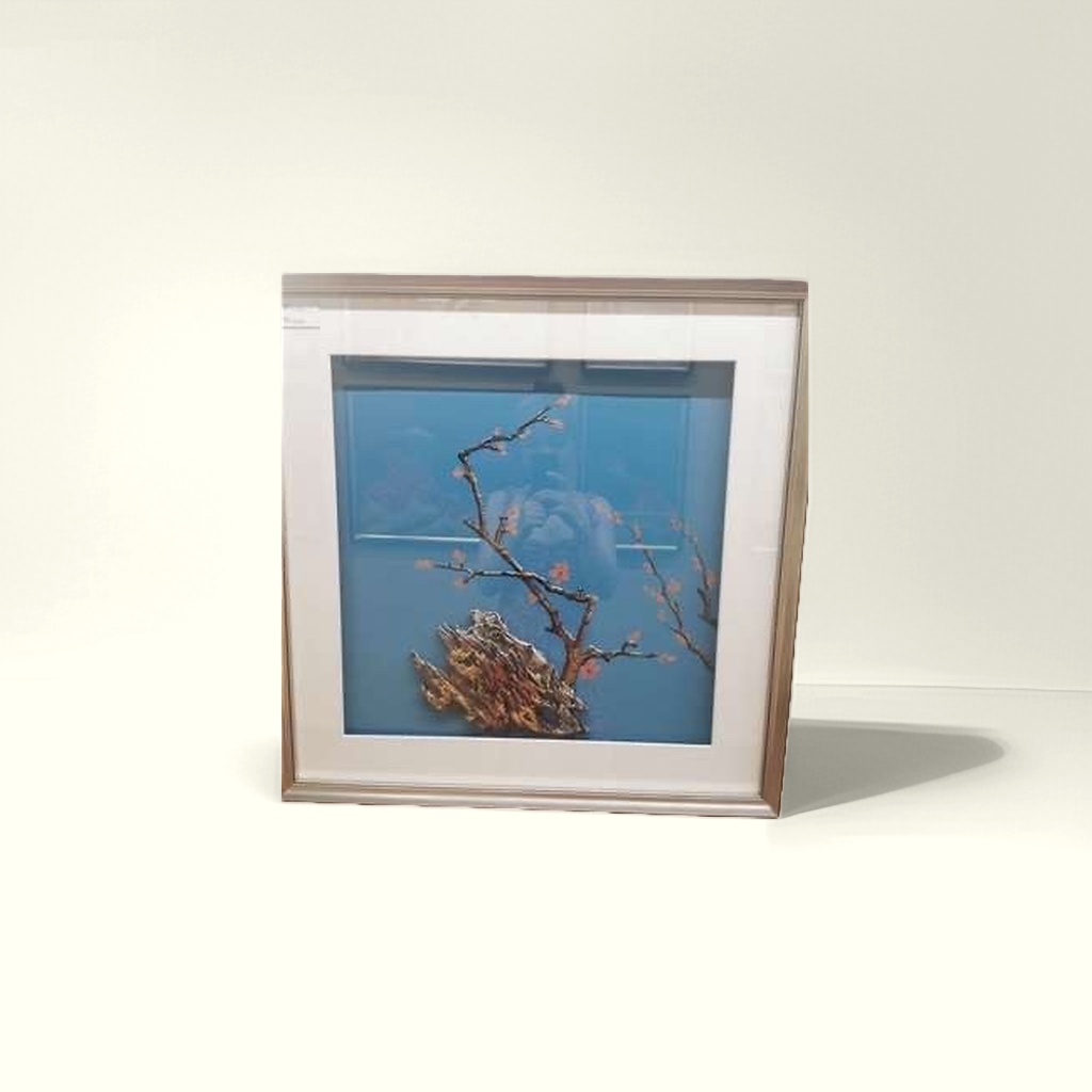 蓝色背景刺绣梅花枝干山石装饰画 客厅卧室挂画图