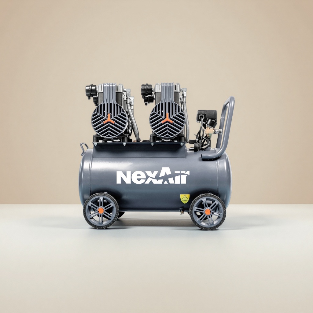 NexAir灰色无油低音空压机双缸铝罐带轮手柄