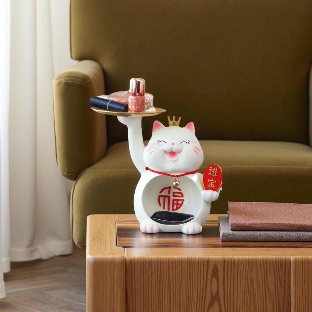 白色招财猫摆件 举托盘持化妆品陶瓷家居装饰