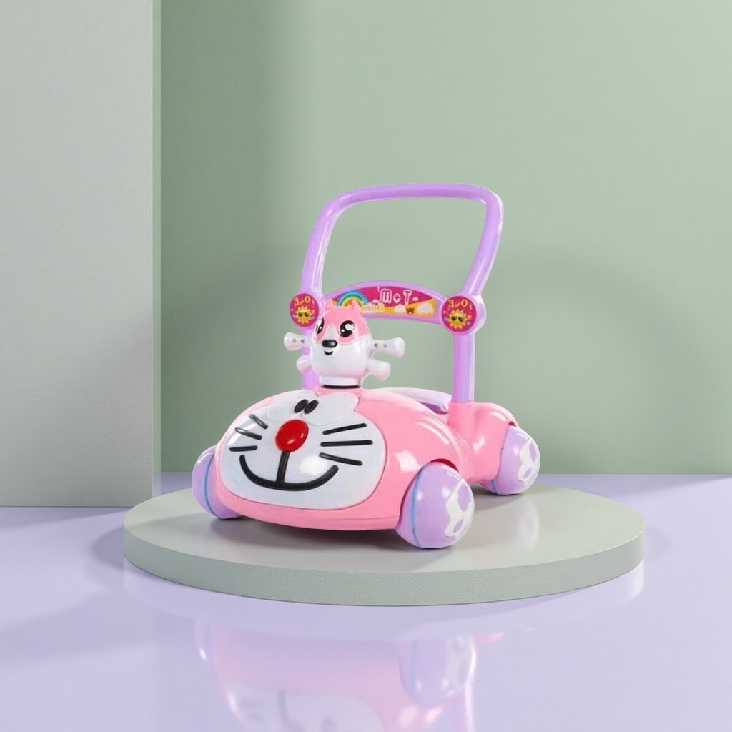 Pink Doraemon-shaped baby walker stroller with adjustable height safety handrails