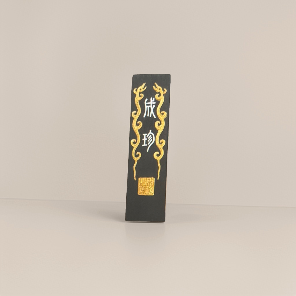 The surface of Chengzhen's black long strip-shaped ink ingot is decorated with golden dragon patterns and seals Application Scenario