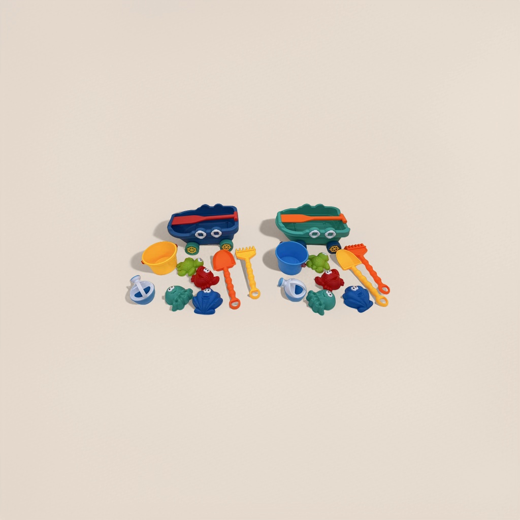 Colorful beach toy set including small boats, buckets, shovels, rakes and animal molds details Picture