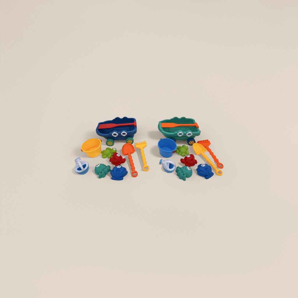彩色沙滩玩具套装含小船水桶铲子耙子动物模具