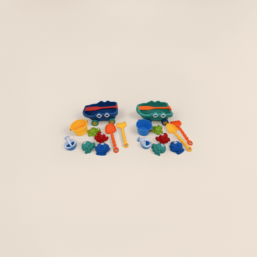 Colorful beach toy set including small boats, buckets, shovels, rakes and animal molds Application Scenario