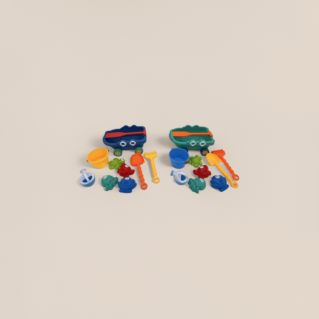 Colorful beach toy set including small boats, buckets, shovels, rakes and animal molds Specification image