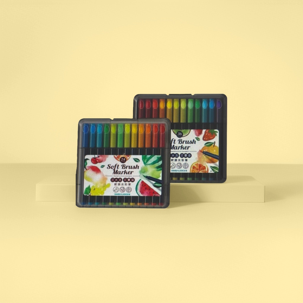 Black plastic box of soft-tipped watercolor pens, 24-color and 36-color set, fruit pattern Soft Brush Marker details Picture