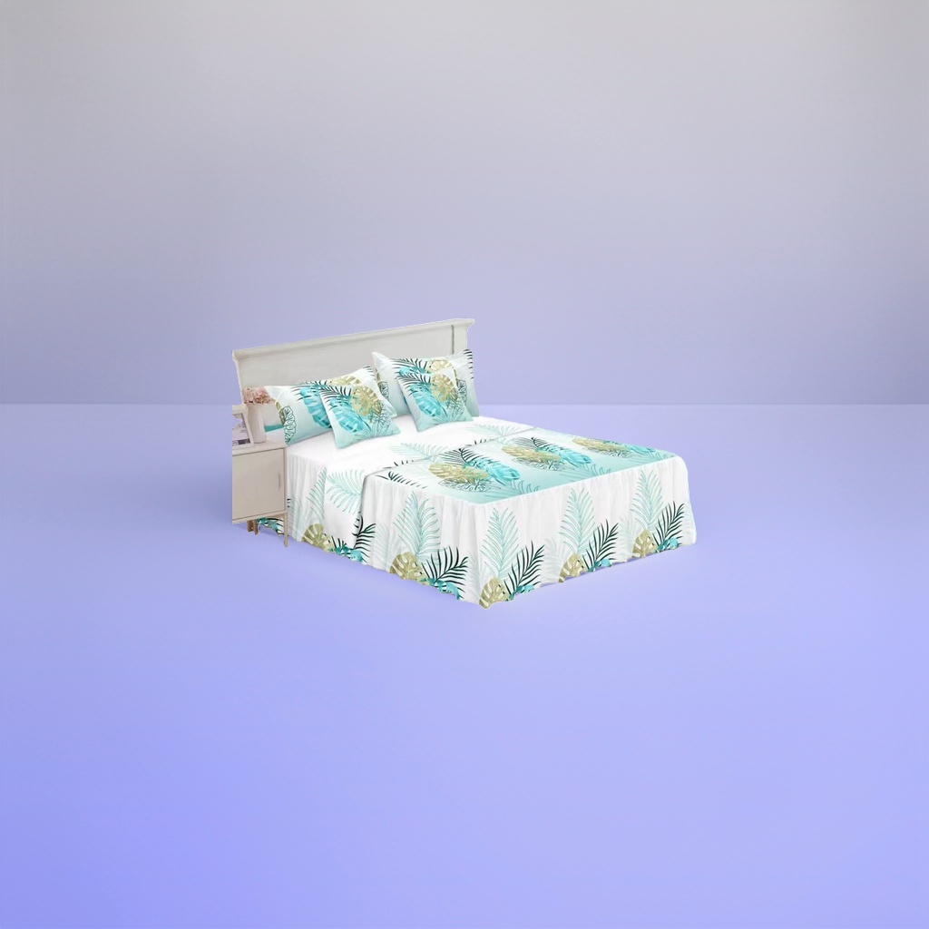 Blue-green tropical plant pattern bedding set of four pieces: bed sheet, duvet cover and pillowcase