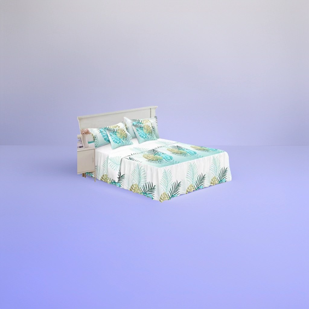 Blue-green tropical plant pattern bedding set of four pieces: bed sheet, duvet cover and pillowcase details Picture