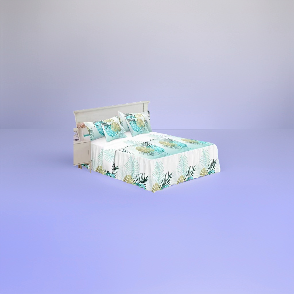 Blue-green tropical plant pattern bedding set of four pieces: bed sheet, duvet cover and pillowcase Specification image