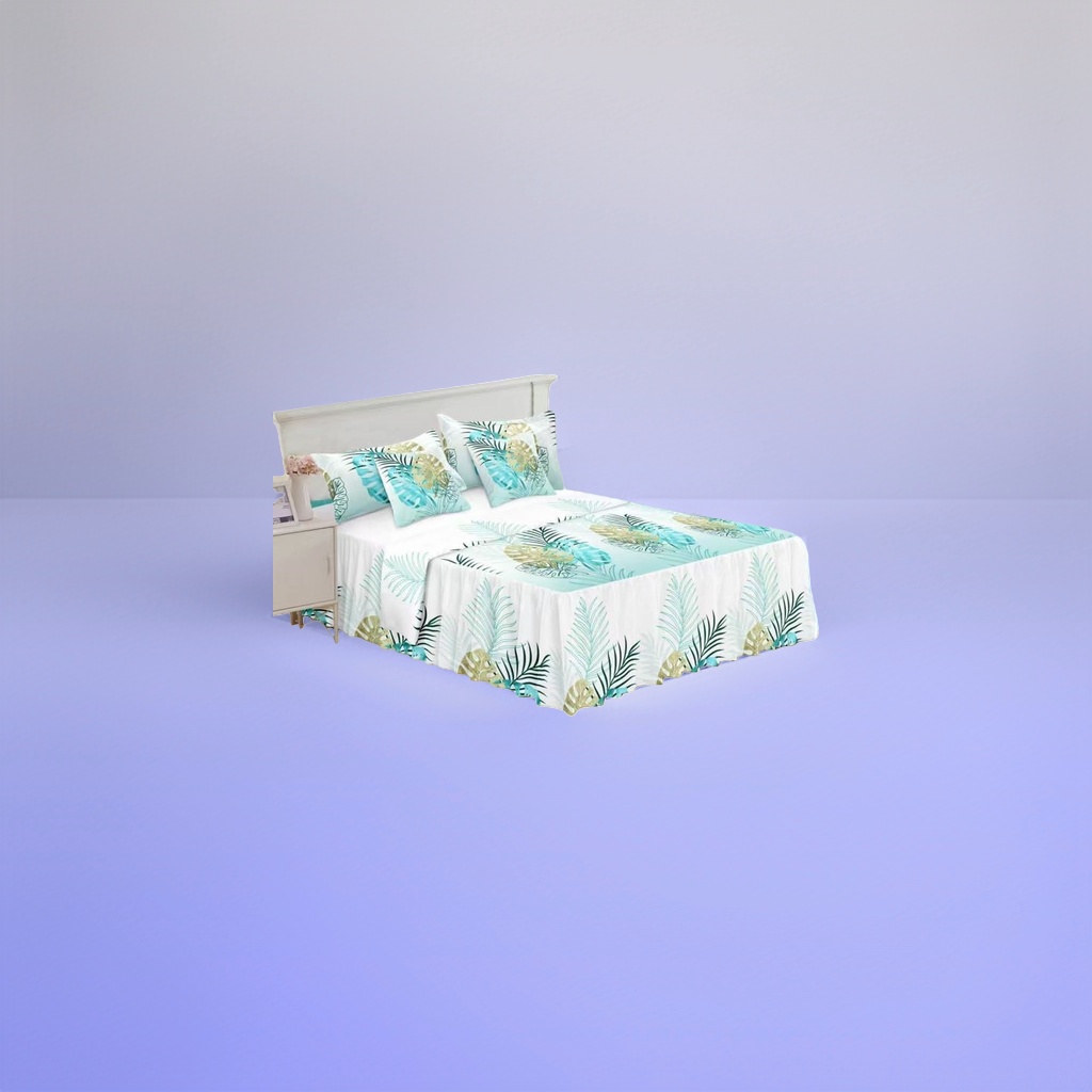 Blue-green tropical plant pattern bedding set of four pieces: bed sheet, duvet cover and pillowcase Application Scenario
