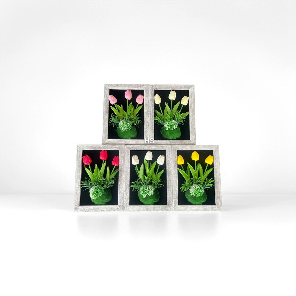 Grey photo frame three-headed tulip decorative item, artistic arrangement for the living room, bedroom and table details Picture
