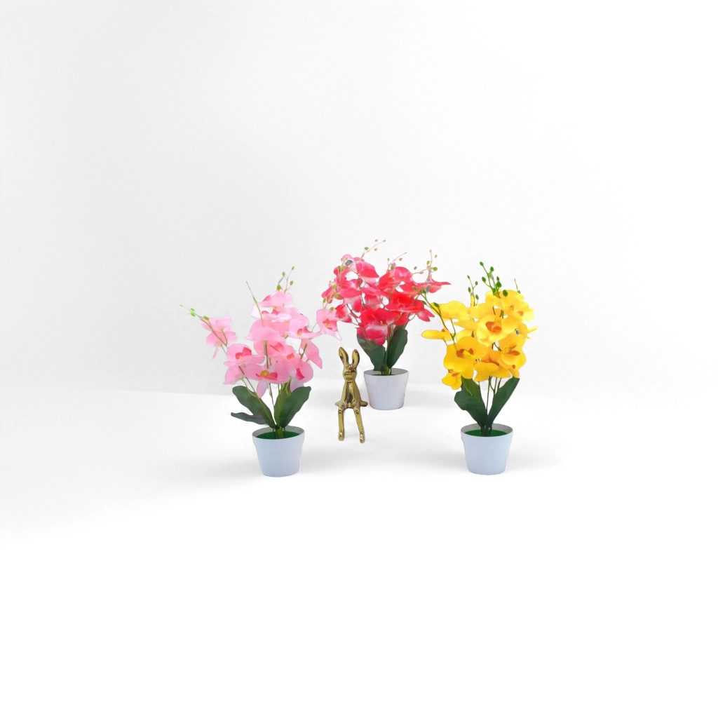 Three potted colorful Phalaenopsis plants with golden rabbit ornaments and two books Application Scenario