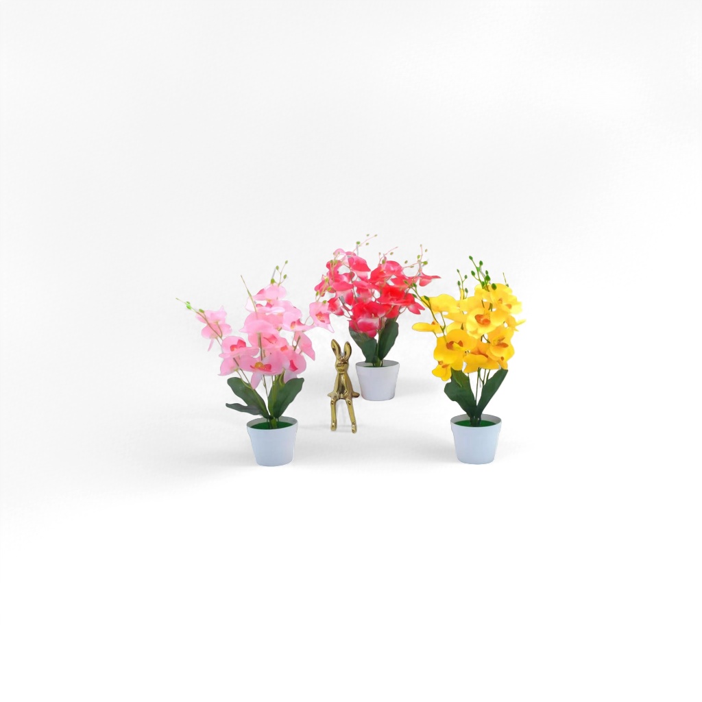 Three potted colorful Phalaenopsis plants with golden rabbit ornaments and two books Specification image
