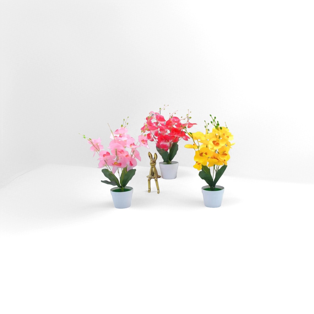 Three potted colorful Phalaenopsis plants with golden rabbit ornaments and two books details Picture