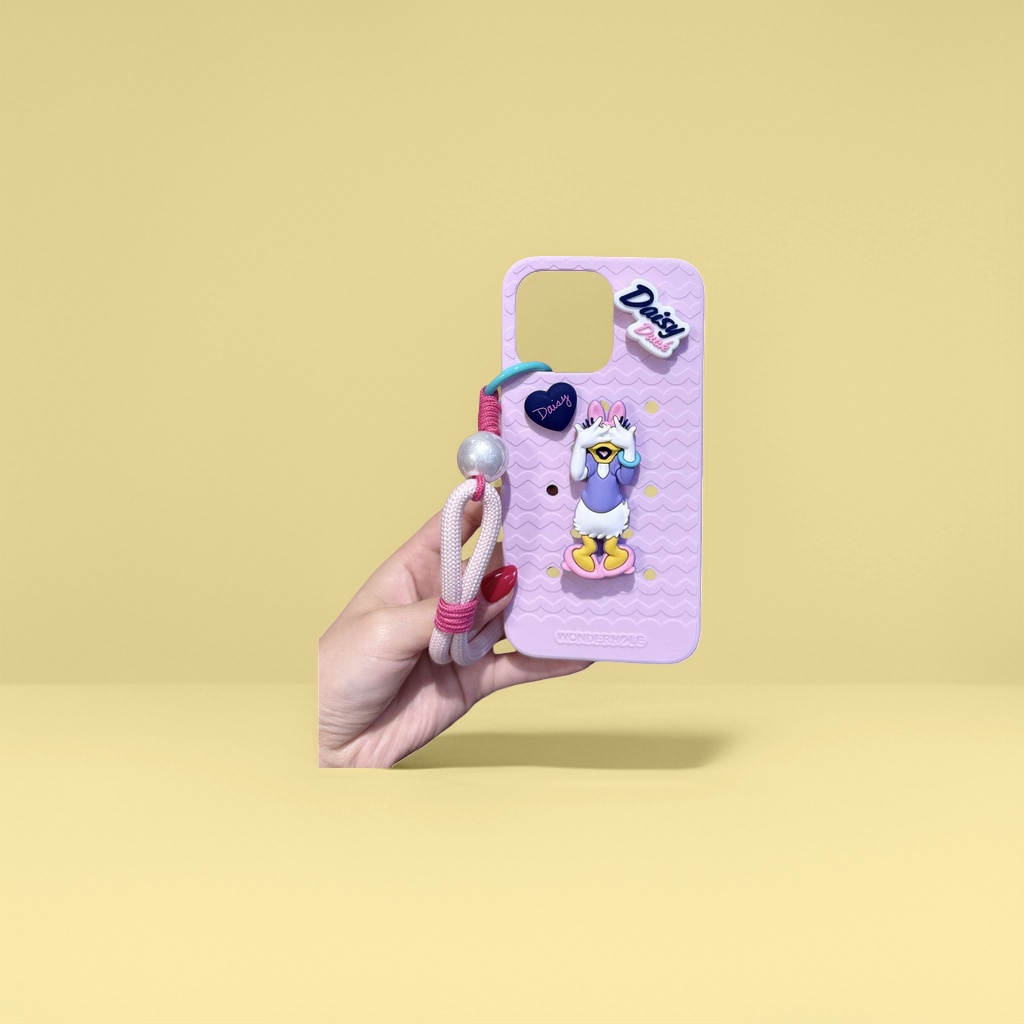 Daisy pink phone case, wavy heart-shaped Daisy sticker woven lanyard