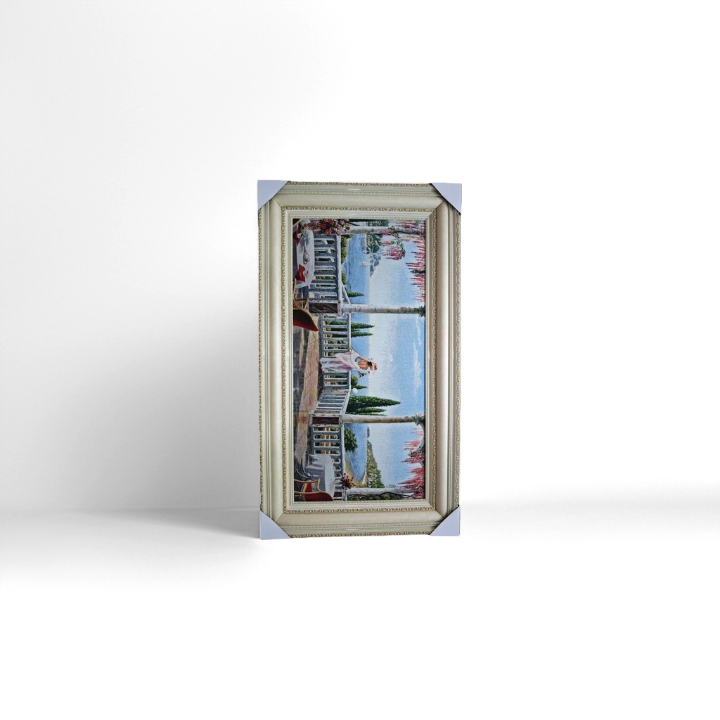 The soft furnishings for the living room and bedroom are decorated with beige carved picture frames and landscape embroidery paintings