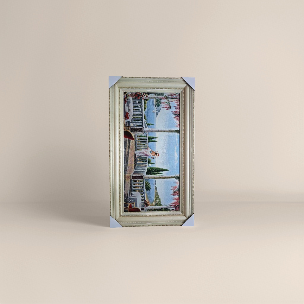 The soft furnishings for the living room and bedroom are decorated with beige carved picture frames and landscape embroidery paintings Specification image