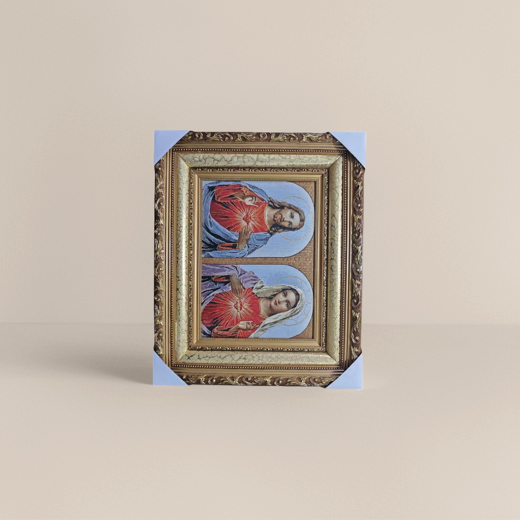 The golden carved photo frame is embedded with a brocade painting of Jesus and the Sacred Heart of the Virgin Mary Specification image