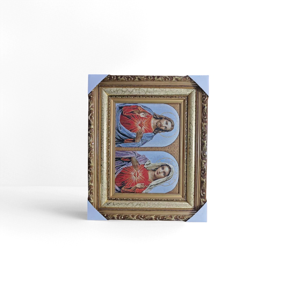 The golden carved photo frame is embedded with a brocade painting of Jesus and the Sacred Heart of the Virgin Mary details Picture