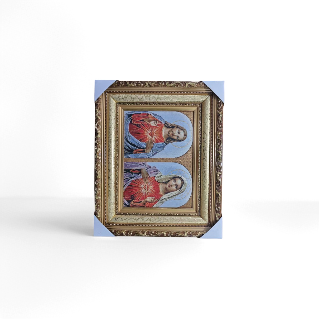 The golden carved photo frame is embedded with a brocade painting of Jesus and the Sacred Heart of the Virgin Mary