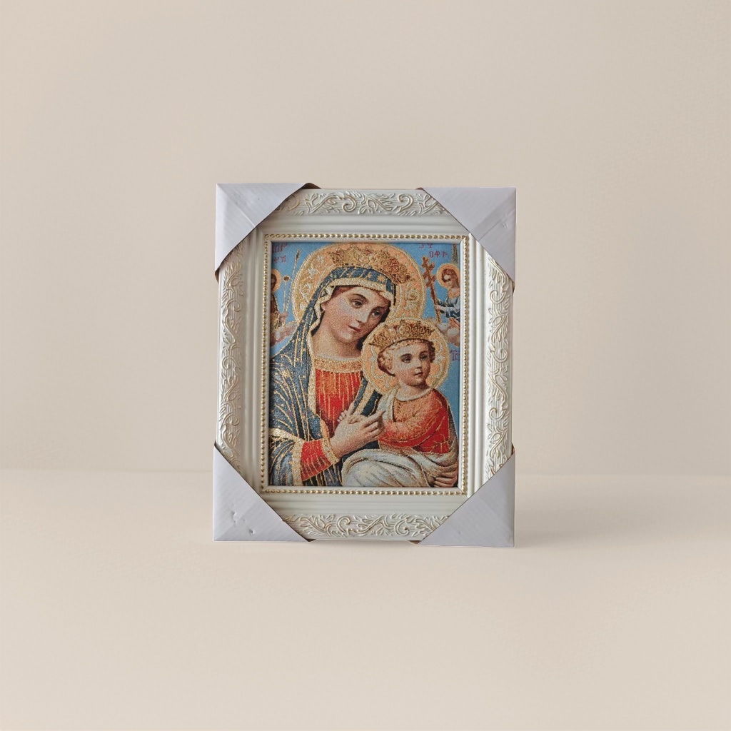 The white carved photo frame is decorated with a religious brocade painting of the Virgin and Child, hanging a painter's home ornament Specification image