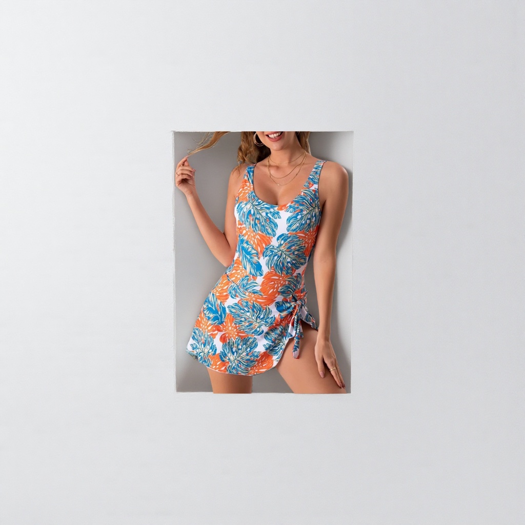 Colorful tropical leaf pattern one-piece swimsuit for women's summer new style, slimming, figure-hugging and UV protection