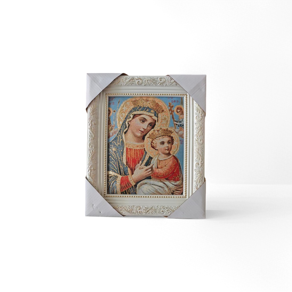 The white carved photo frame is decorated with a religious brocade painting of the Virgin and Child, hanging a painter's home ornament details Picture