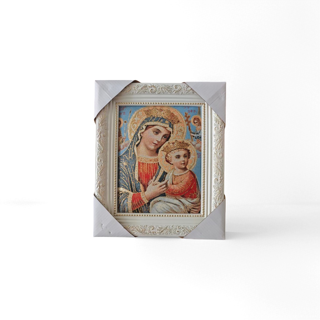 The white carved photo frame is decorated with a religious brocade painting of the Virgin and Child, hanging a painter's home ornament