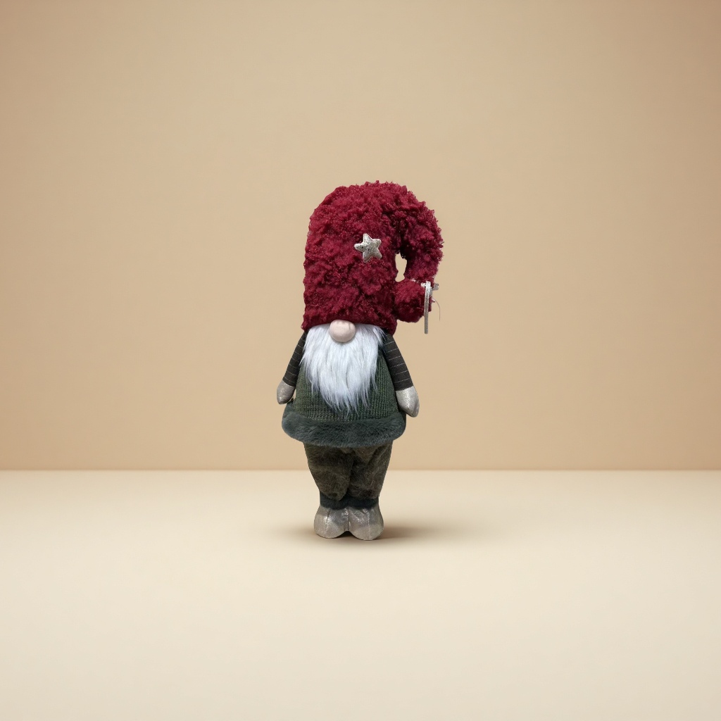 A red plush Christmas dwarf doll wearing a star-decorated hat