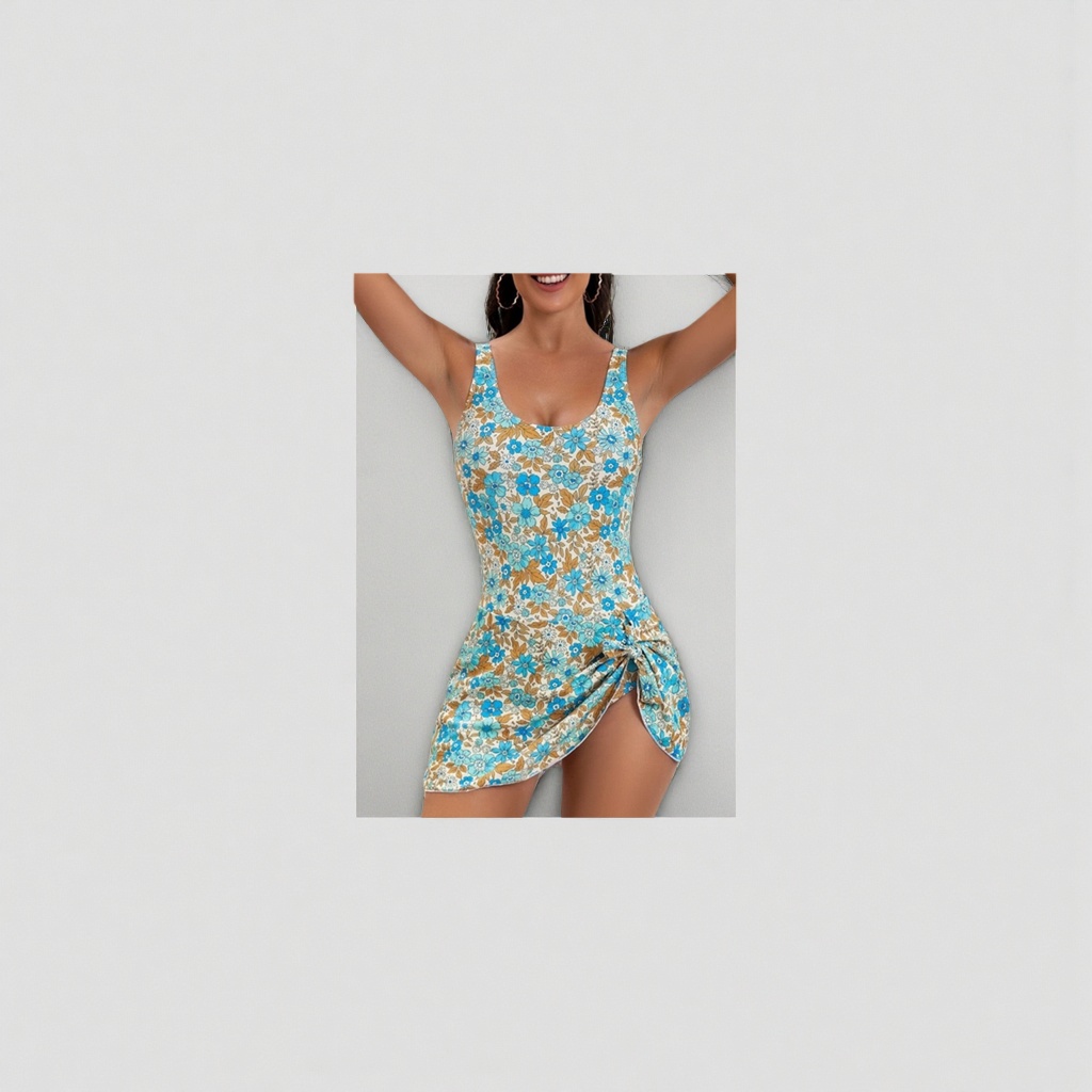 Blue, white and brown floral patterned one-piece swimsuit for women, quick-drying and chlorine-resistant swimsuit for seaside vacation details Picture