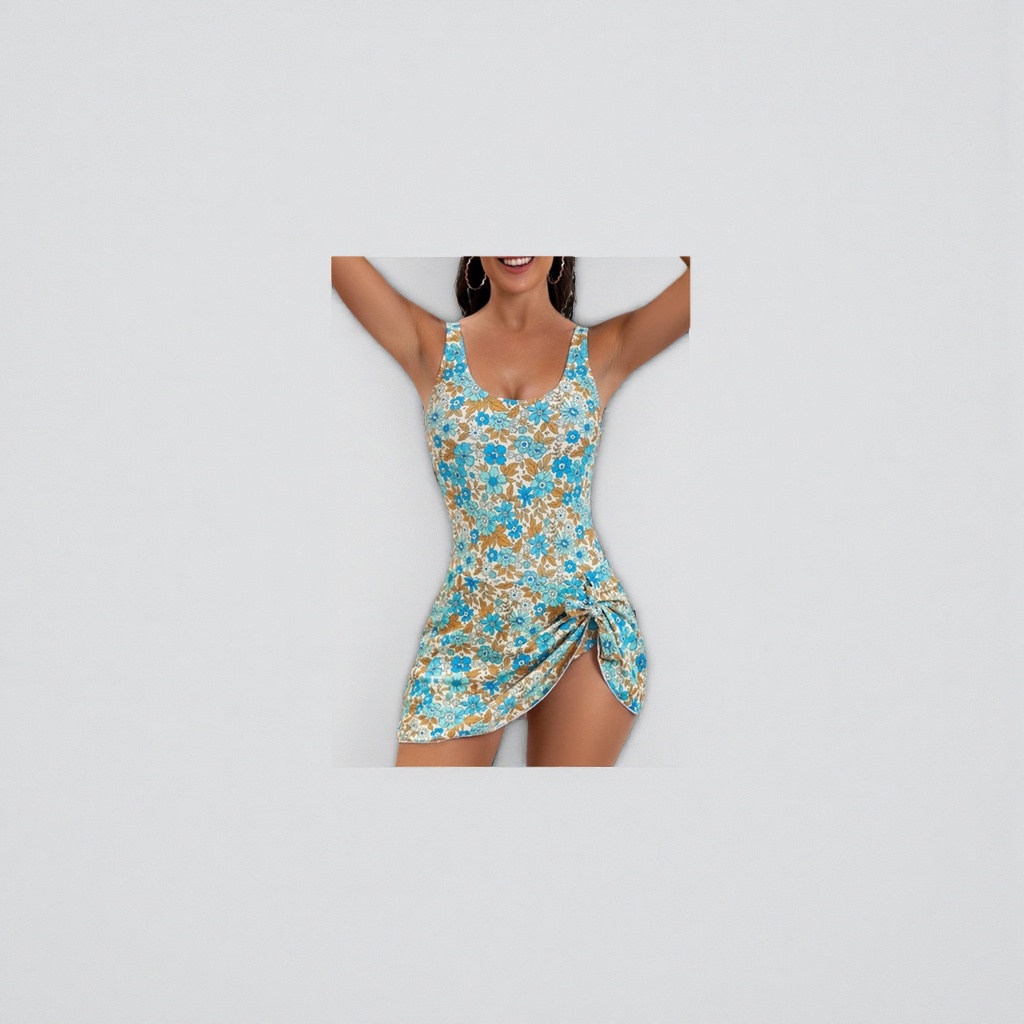 Blue, white and brown floral patterned one-piece swimsuit for women, quick-drying and chlorine-resistant swimsuit for seaside vacation Specification image