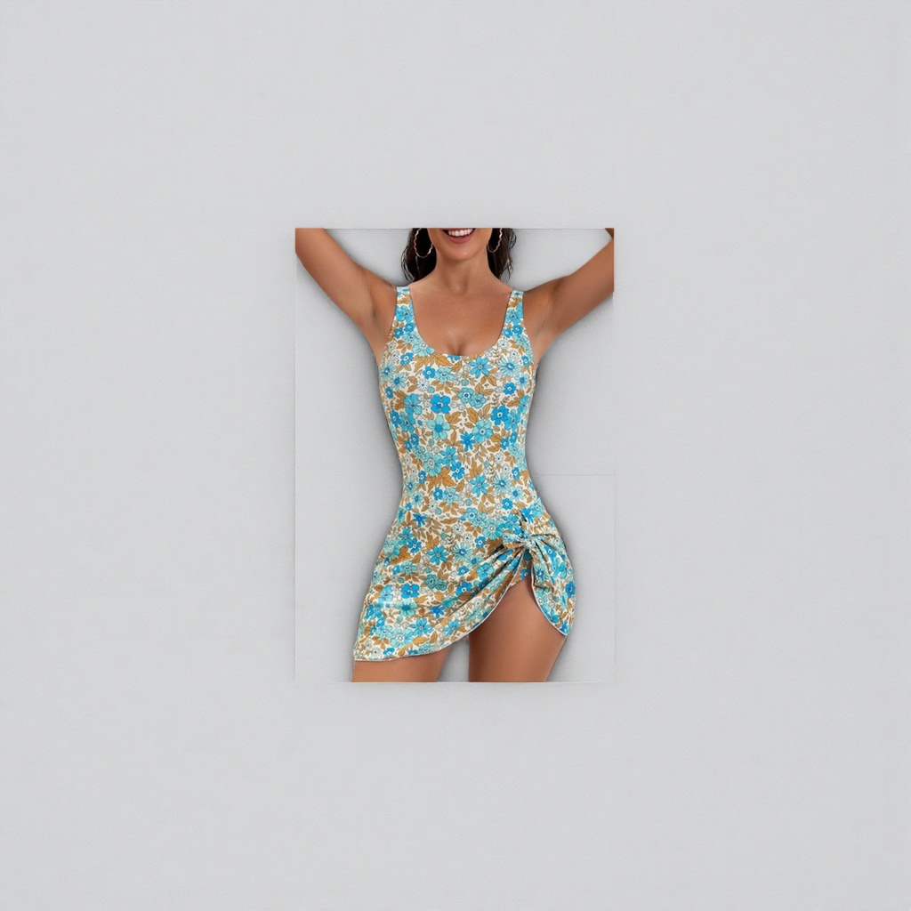 Blue, white and brown floral patterned one-piece swimsuit for women, slim and elastic Lycra swimsuit Application Scenario