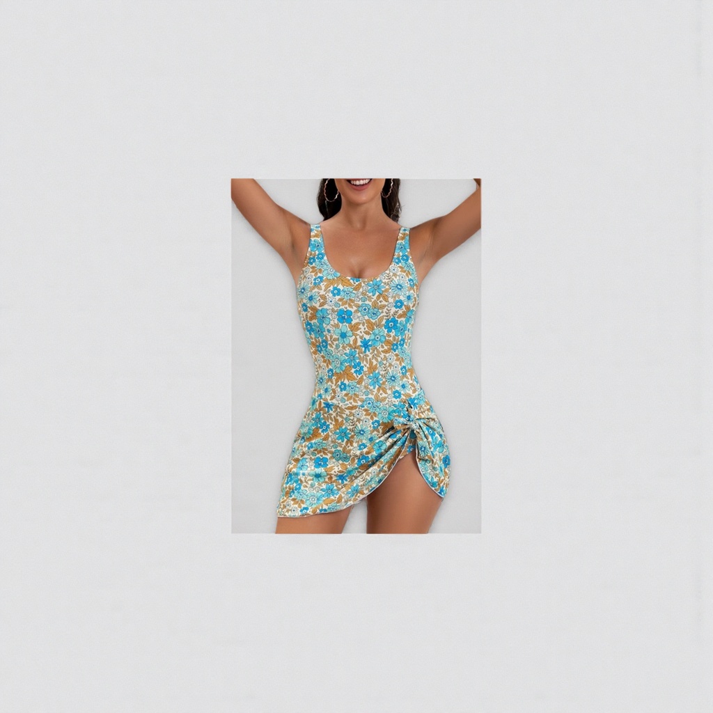 Blue, white and brown floral patterned one-piece swimsuit for women, slim and elastic Lycra swimsuit details Picture
