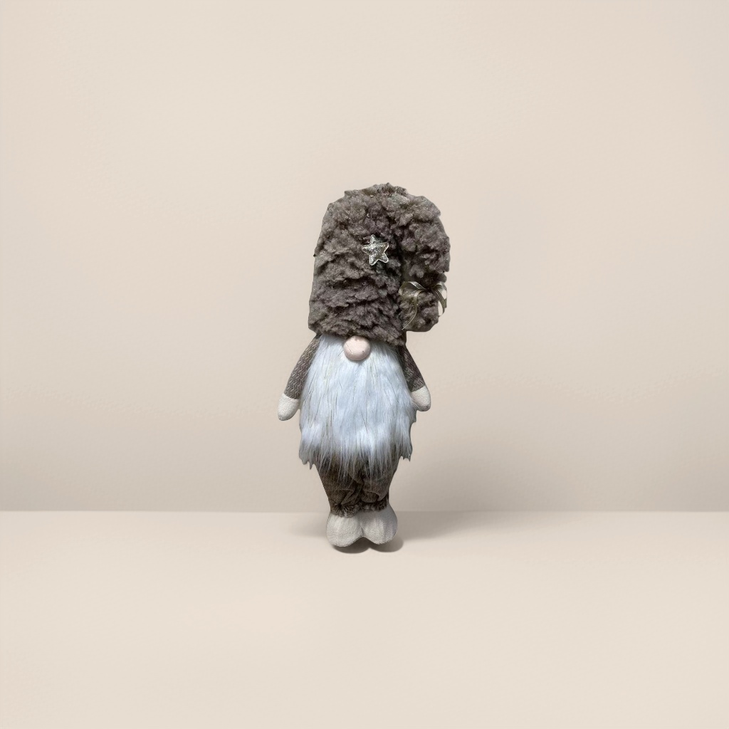 A grey plush Christmas dwarf doll with a star-decorated hat