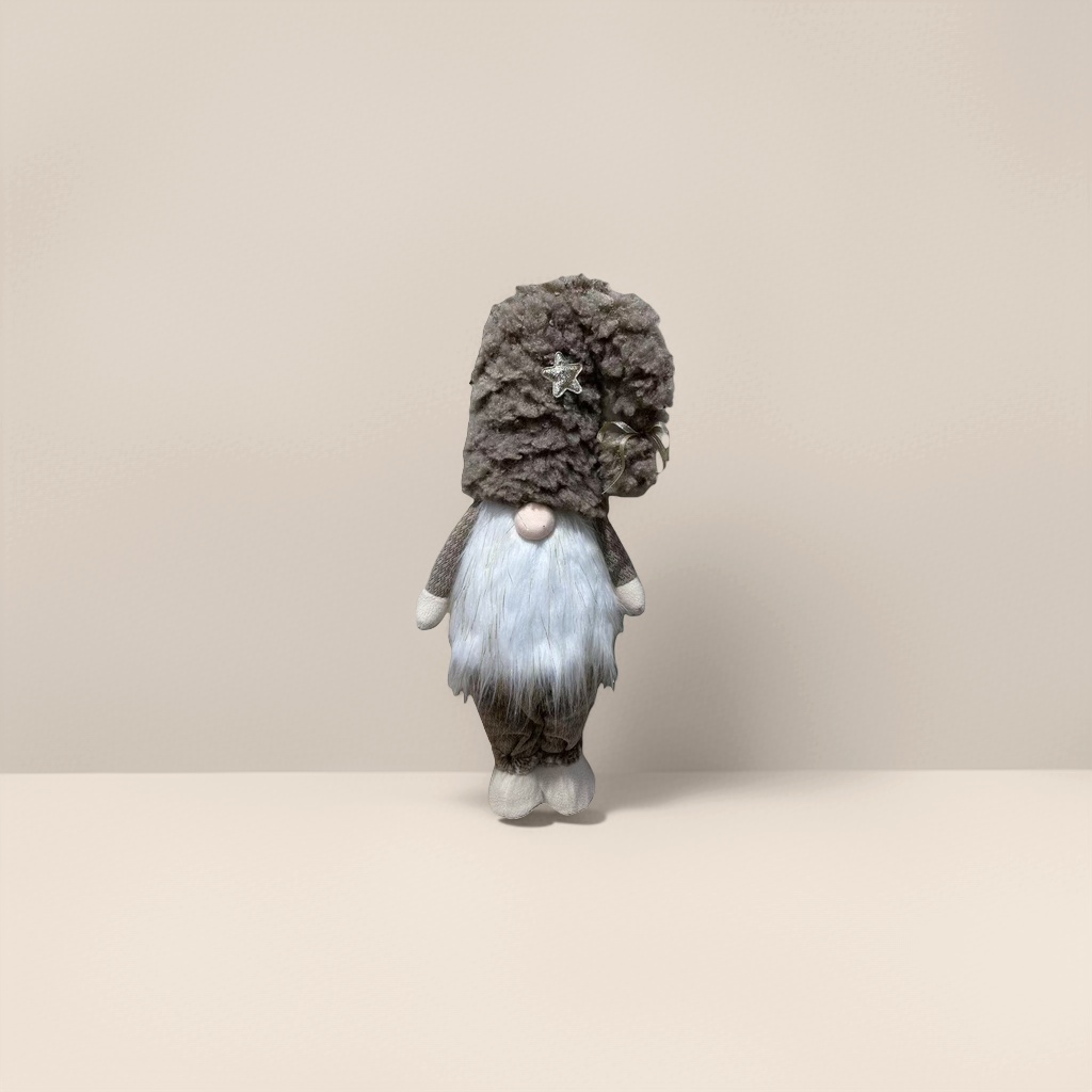 A grey plush Christmas dwarf doll with a star-decorated hat details Picture