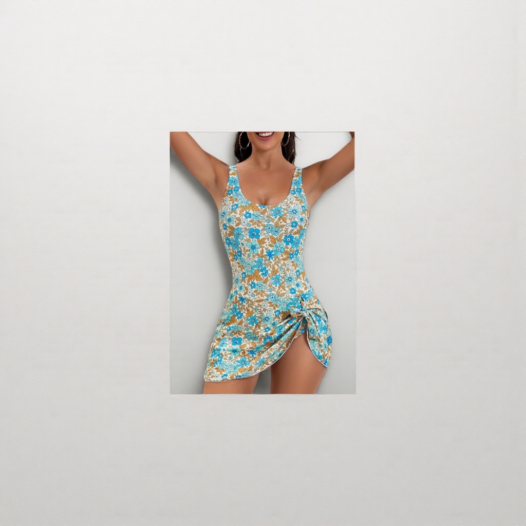 Blue, white and brown floral patterned one-piece swimsuit for women, slim and elastic Lycra swimsuit Specification image