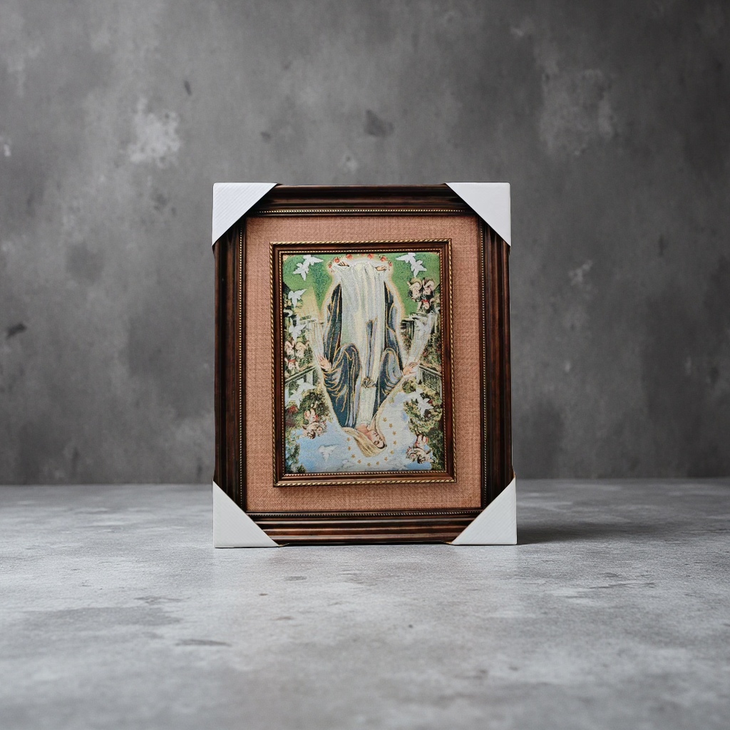 A dark brown carved picture frame tapestry with a decorative painting of the Virgin Mary on the wall Application Scenario