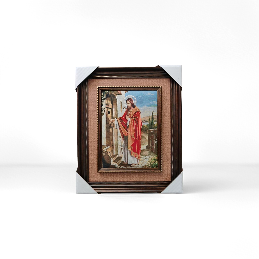 Brown wooden photo frames paired with religious figure wall paintings for living room and bedroom decoration, wall-mounted style