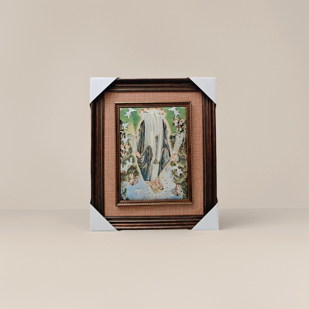 A dark brown carved picture frame tapestry with a decorative painting of the Virgin Mary on the wall Specification image