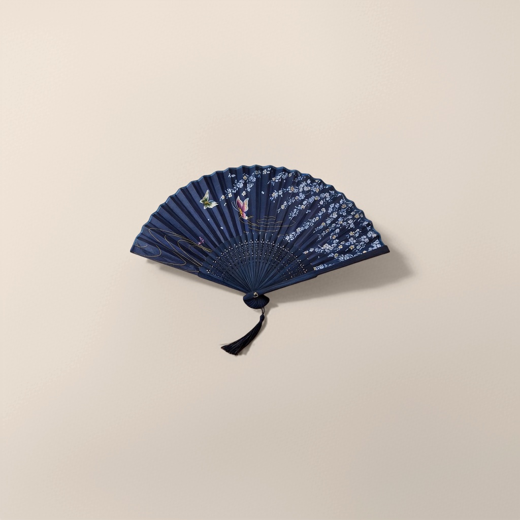 深蓝色绣花折扇 手工刺绣古典中式纳凉扇