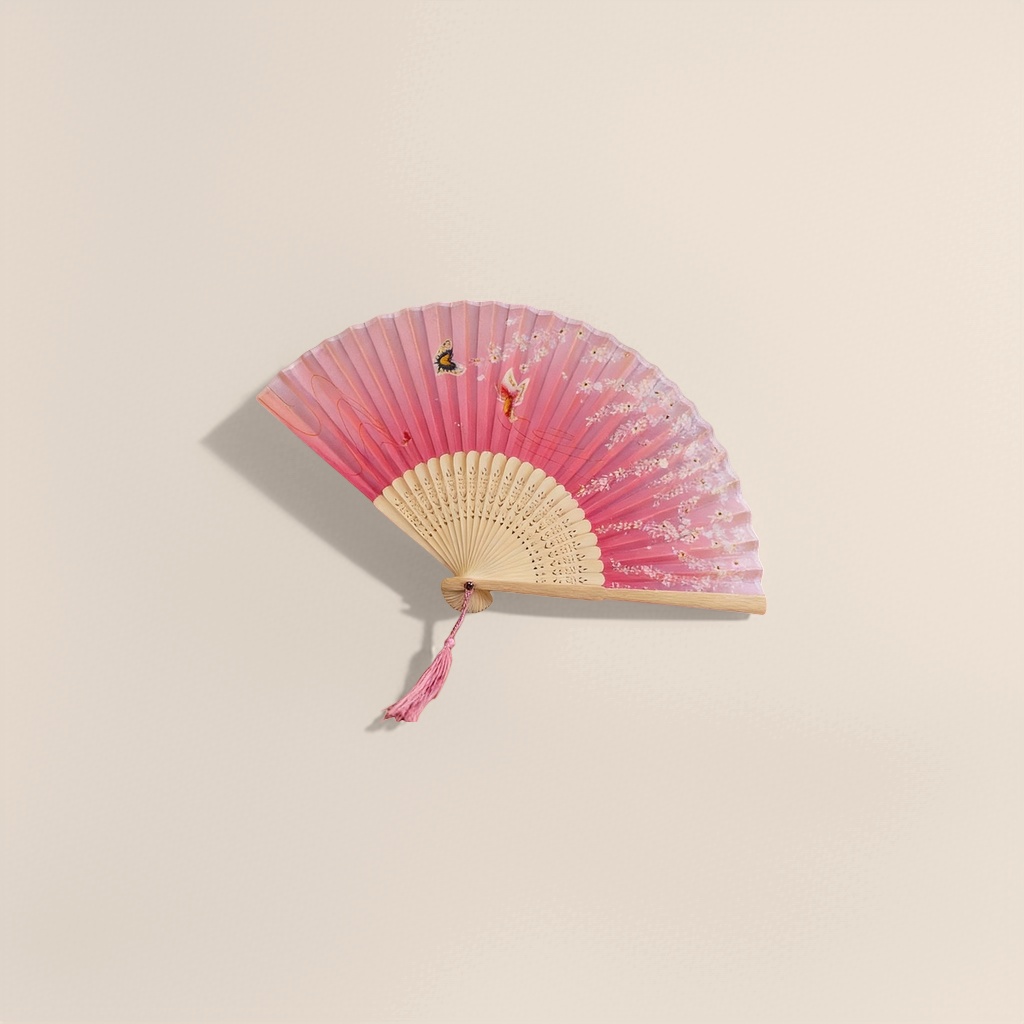 粉色蝴蝶樱花图案折扇 手工竹骨团扇 夏日古风纳凉扇